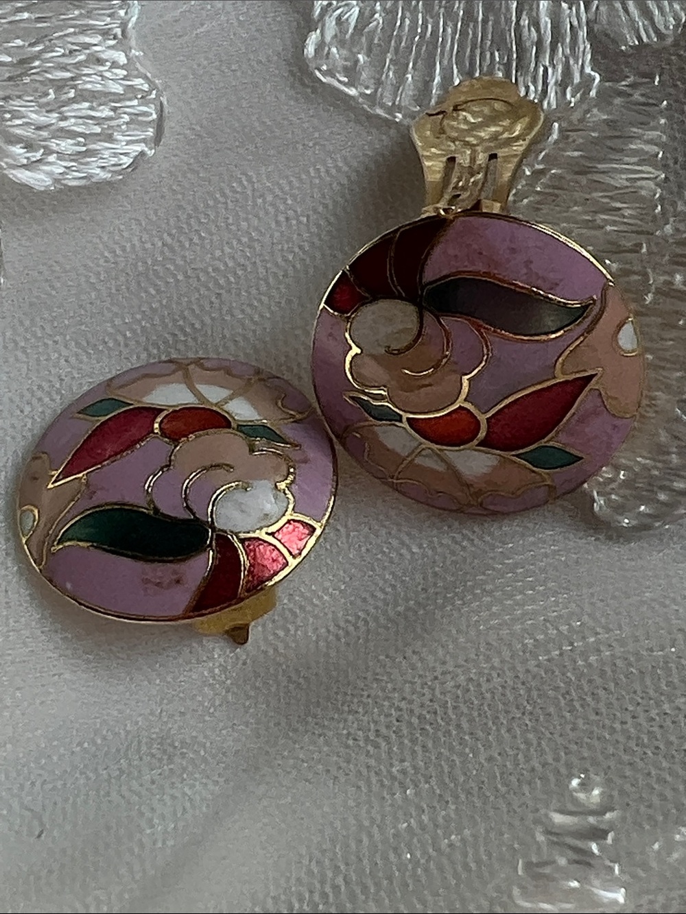 Pink Floral Cloisonné Clip-On Earrings - Unbranded